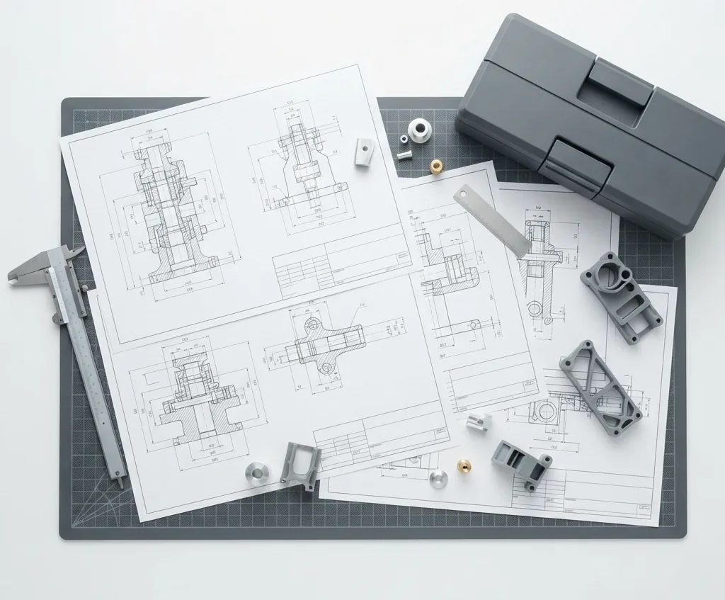 Plans techniques, pied à coulisse et poste de conception mécanique